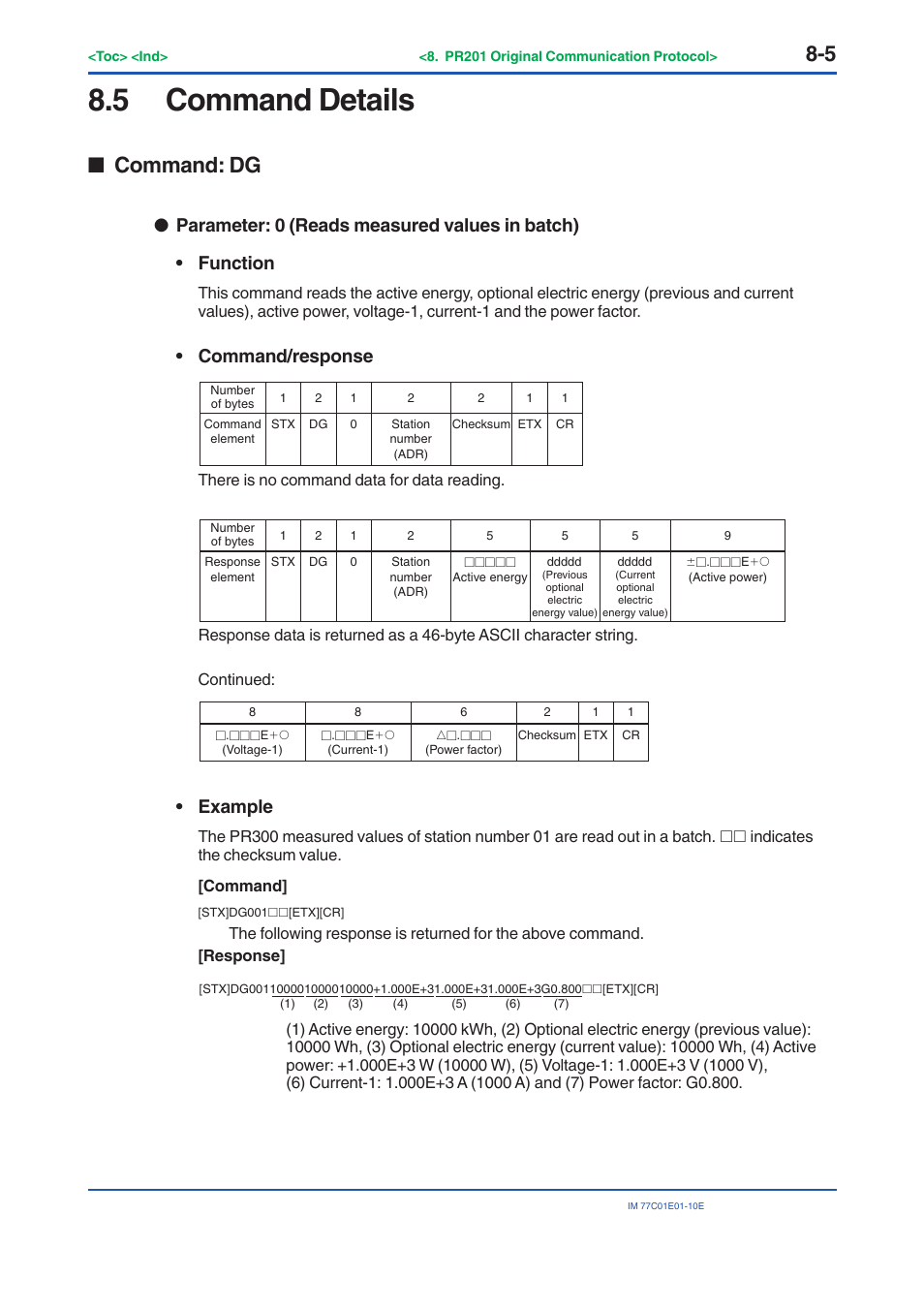 5 command details, Command details -5, Command: dg | Command/response, Example | Yokogawa PR300 Power and Energy Meter User Manual | Page 120 / 141