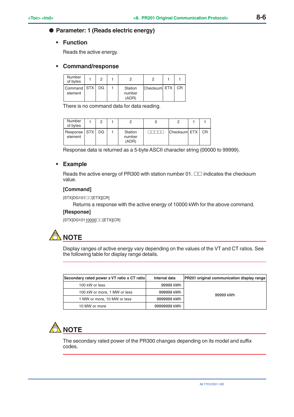 Parameter: 1 (reads electric energy) • function, Command/response, Example | Yokogawa PR300 Power and Energy Meter User Manual | Page 121 / 141