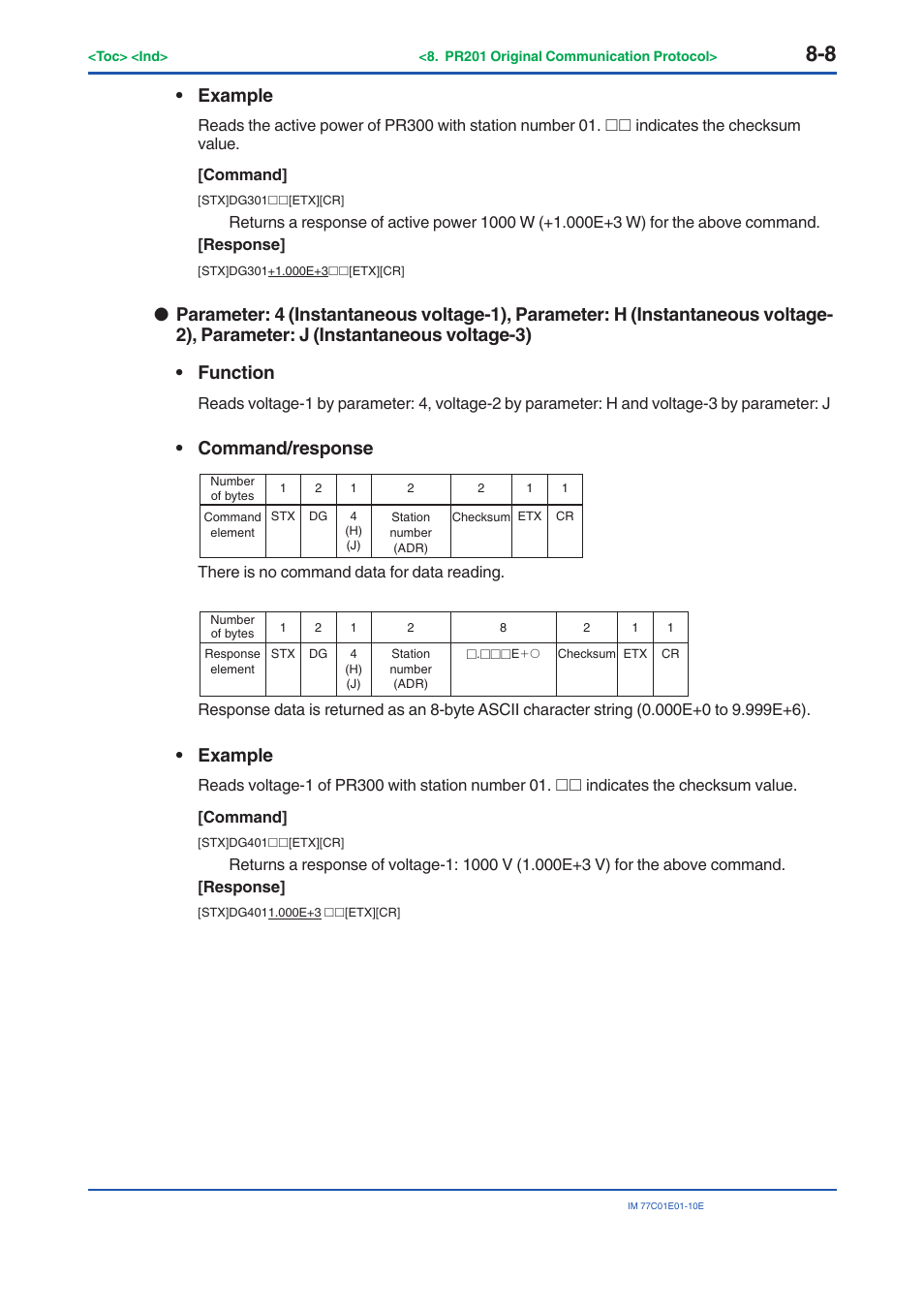 Example, Command/response | Yokogawa PR300 Power and Energy Meter User Manual | Page 123 / 141