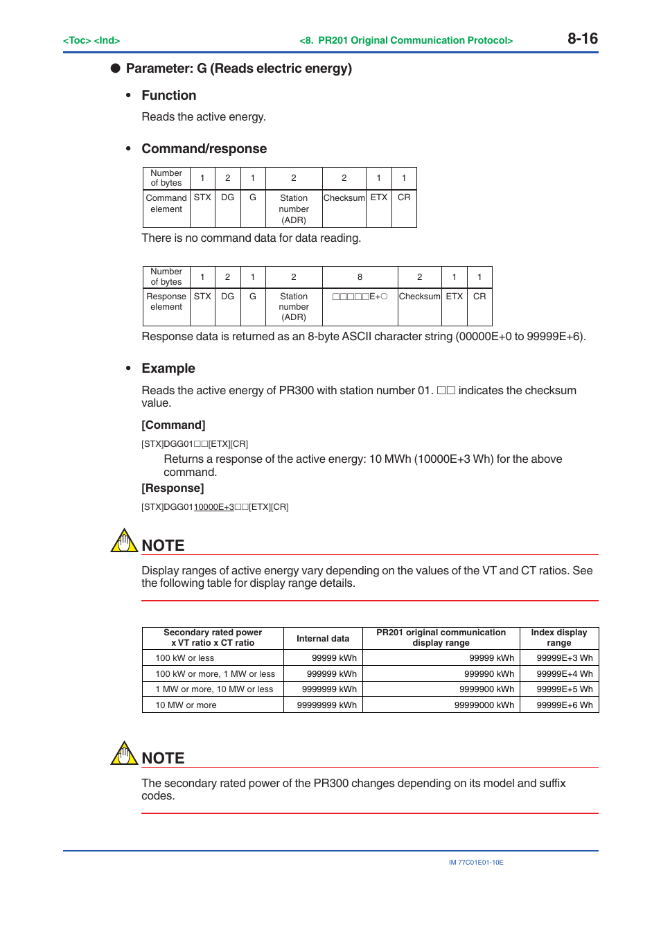 Parameter: g (reads electric energy) • function, Command/response, Example | Yokogawa PR300 Power and Energy Meter User Manual | Page 131 / 141