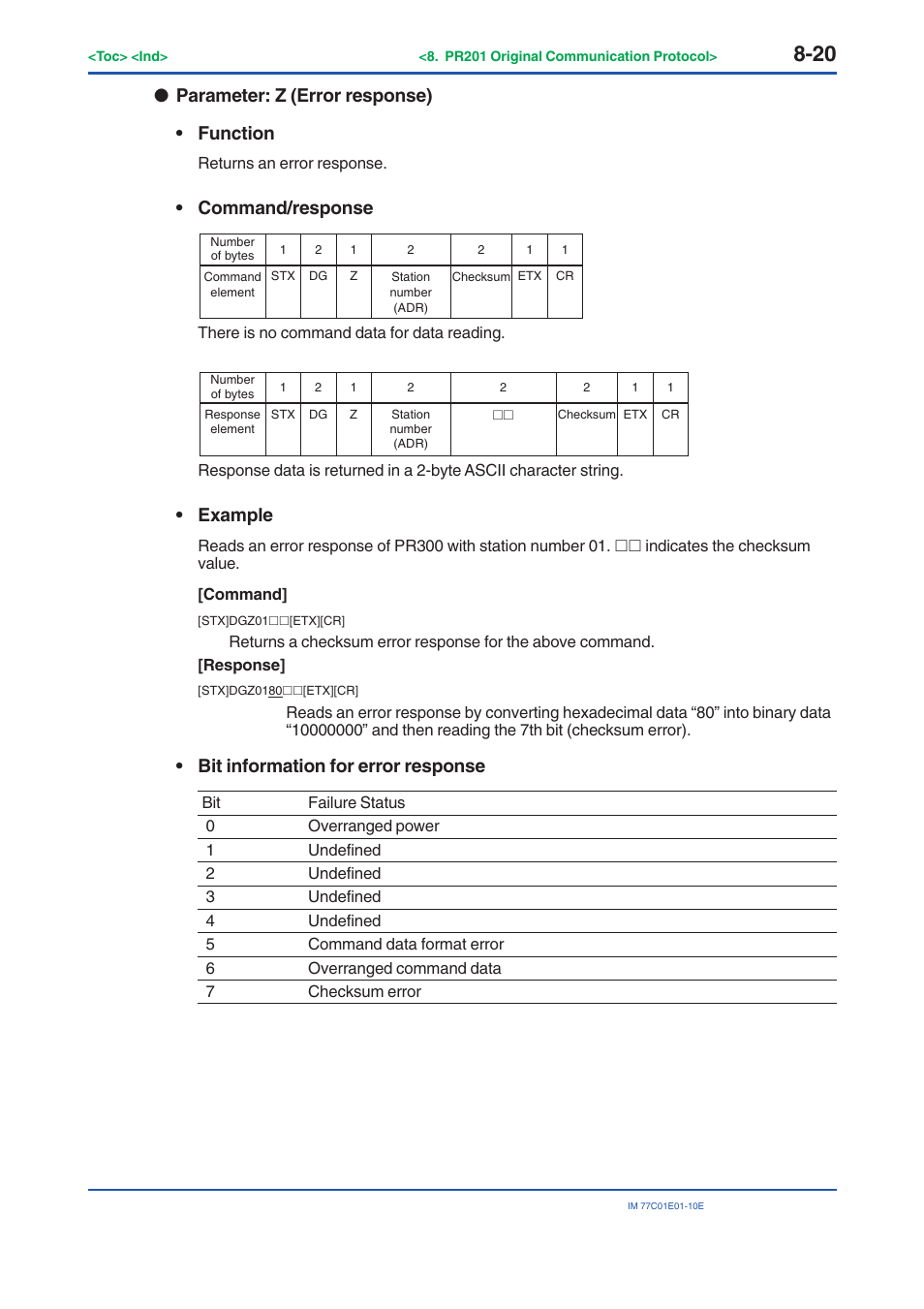 Parameter: z (error response) • function, Command/response, Example | Bit information for error response | Yokogawa PR300 Power and Energy Meter User Manual | Page 135 / 141