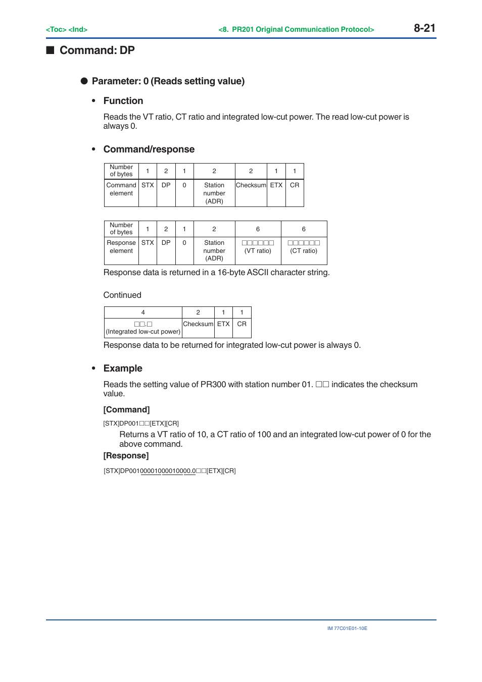 Command: dp, Parameter: 0 (reads setting value) • function, Command/response | Example | Yokogawa PR300 Power and Energy Meter User Manual | Page 136 / 141