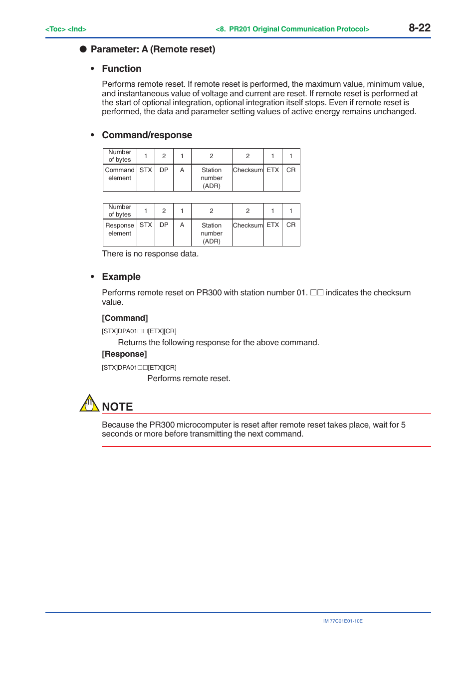 Parameter: a (remote reset) • function, Command/response, Example | Yokogawa PR300 Power and Energy Meter User Manual | Page 137 / 141