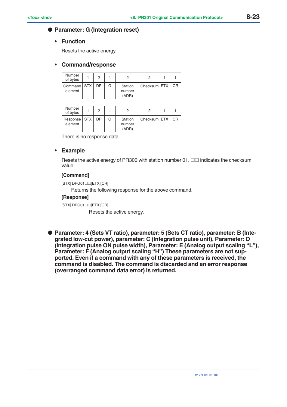 Parameter: g (integration reset) • function, Command/response, Example | Yokogawa PR300 Power and Energy Meter User Manual | Page 138 / 141