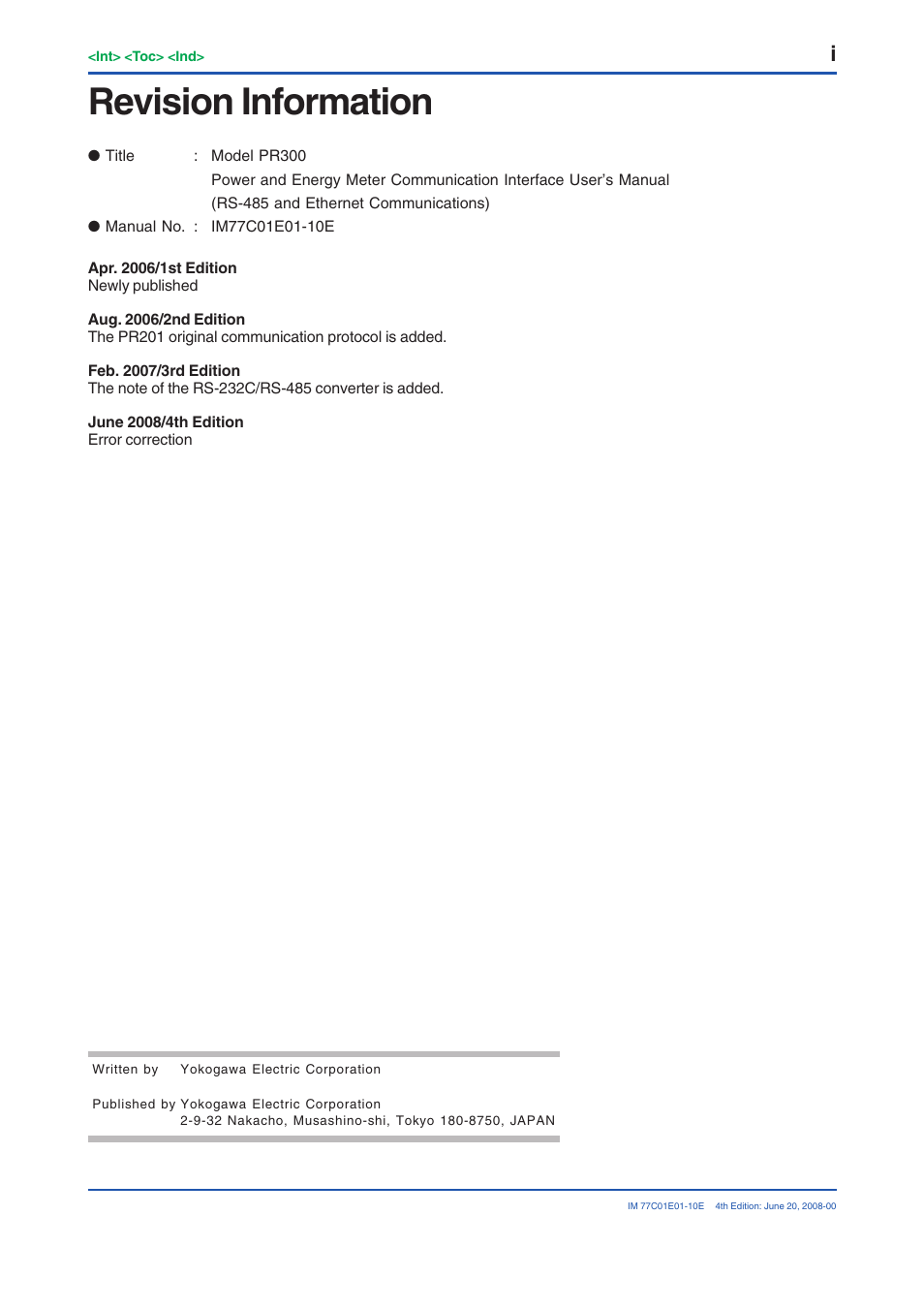 Revision information | Yokogawa PR300 Power and Energy Meter User Manual | Page 140 / 141