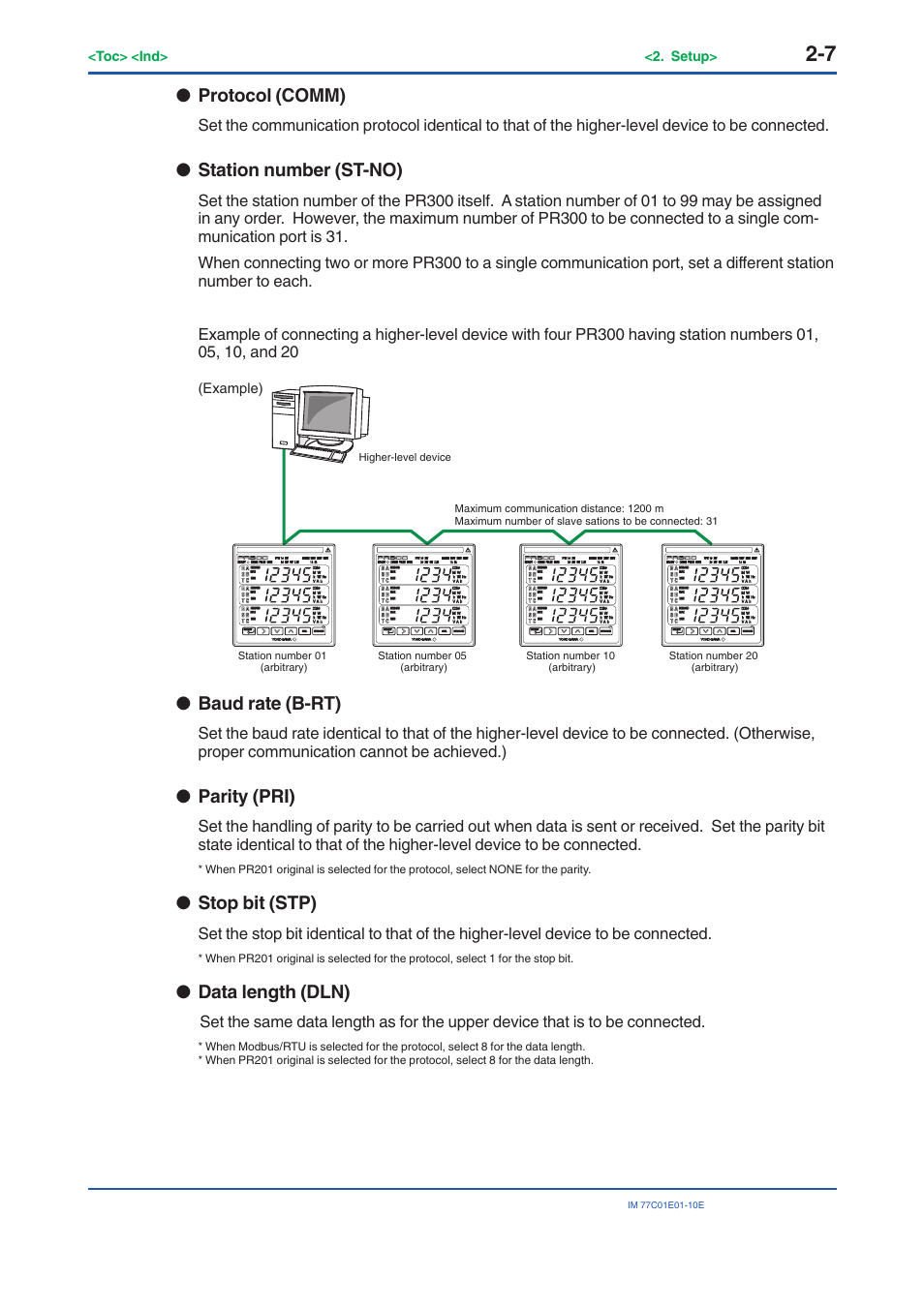 Protocol (comm), Station number (st-no), Baud rate (b-rt) | Parity (pri), Stop bit (stp), Data length (dln) | Yokogawa PR300 Power and Energy Meter User Manual | Page 16 / 141