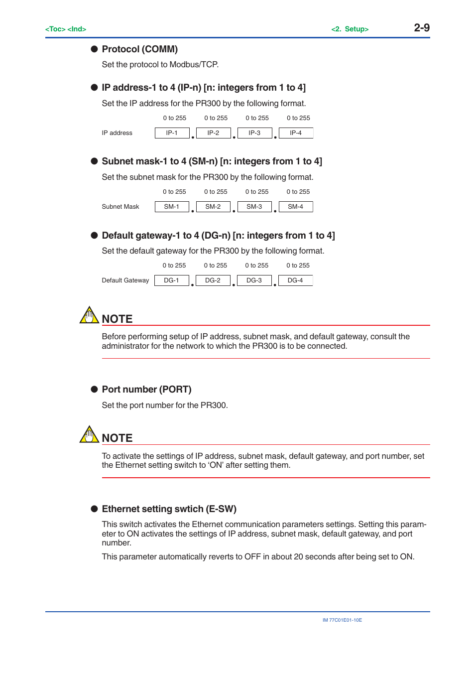 Protocol (comm), Ip address-1 to 4 (ip-n) [n: integers from 1 to 4, Subnet mask-1 to 4 (sm-n) [n: integers from 1 to 4 | Port number (port), Ethernet setting swtich (e-sw) | Yokogawa PR300 Power and Energy Meter User Manual | Page 18 / 141