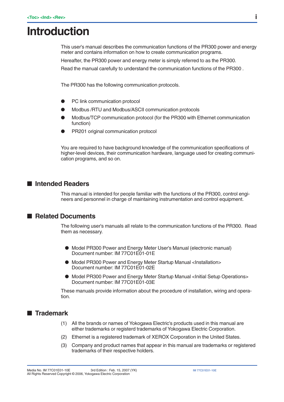Introduction, Intended readers, Related documents | Trademark | Yokogawa PR300 Power and Energy Meter User Manual | Page 2 / 141