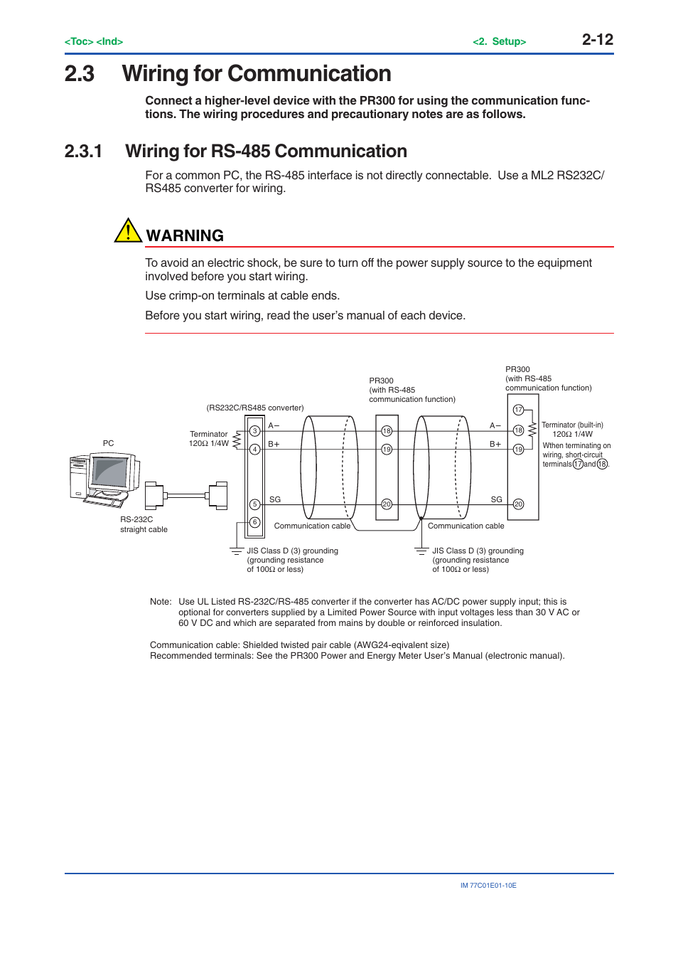 3 wiring for communication, 1 wiring for rs-485 communication, Wiring for communication -12 | Wiring for rs-485 communication -12, Warning | Yokogawa PR300 Power and Energy Meter User Manual | Page 21 / 141