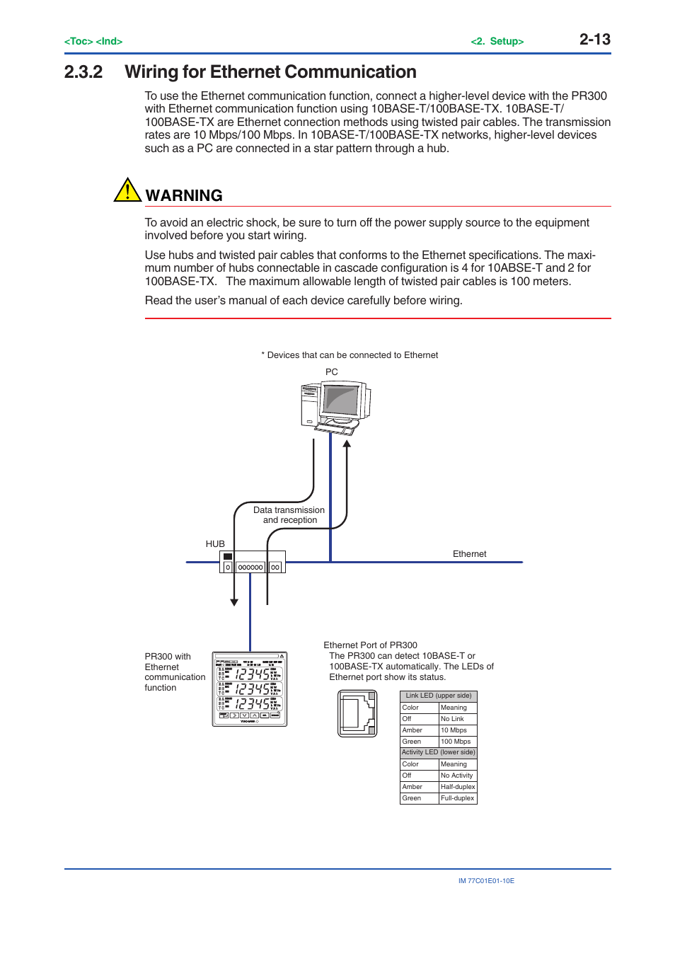 2 wiring for ethernet communication, Wiring for ethernet communication -13, Warning | Yokogawa PR300 Power and Energy Meter User Manual | Page 22 / 141