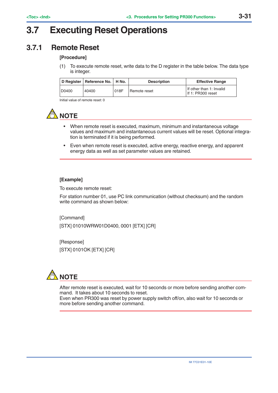 7 executing reset operations, 1 remote reset, Executing reset operations -31 3.7.1 | Remote reset -31 | Yokogawa PR300 Power and Energy Meter User Manual | Page 54 / 141