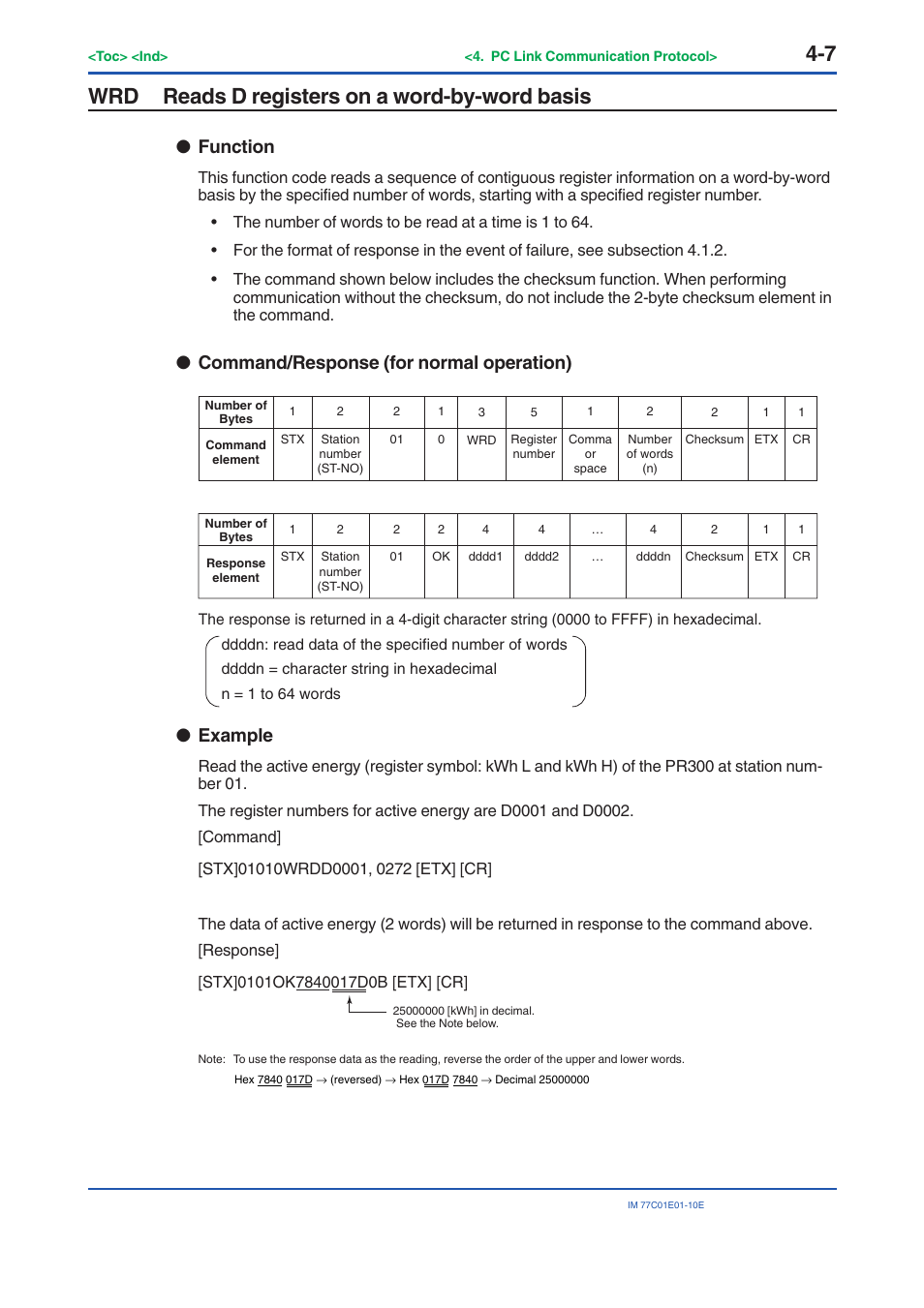 Wrd reads d registers on a word-by-word basis, Reads d registers on a word-by-word basis -7, Function | Command/response (for normal operation), Example | Yokogawa PR300 Power and Energy Meter User Manual | Page 68 / 141