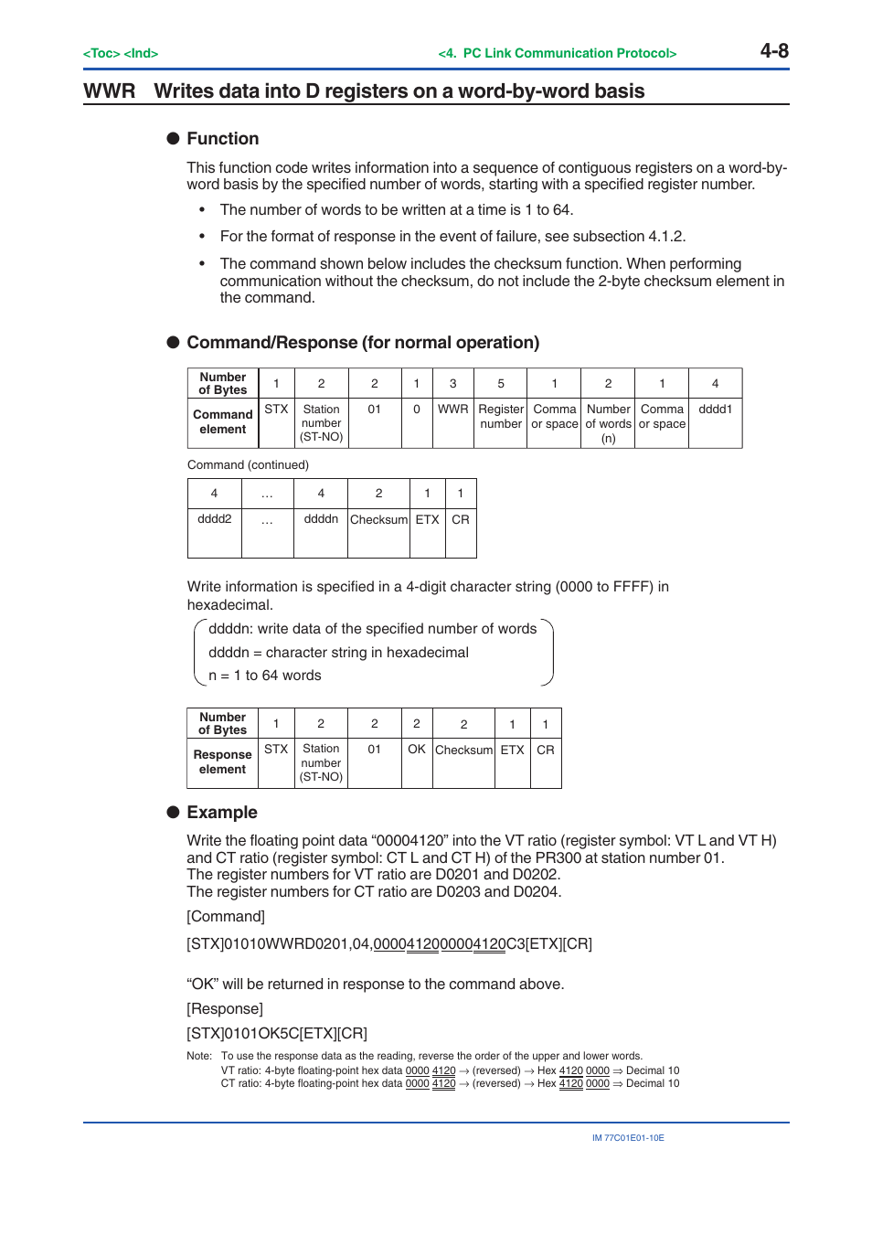 Function, Command/response (for normal operation), Example | Yokogawa PR300 Power and Energy Meter User Manual | Page 69 / 141