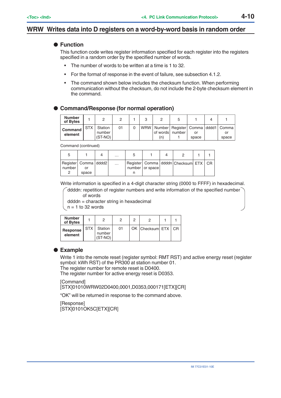 Function, Command/response (for normal operation), Example | Yokogawa PR300 Power and Energy Meter User Manual | Page 71 / 141