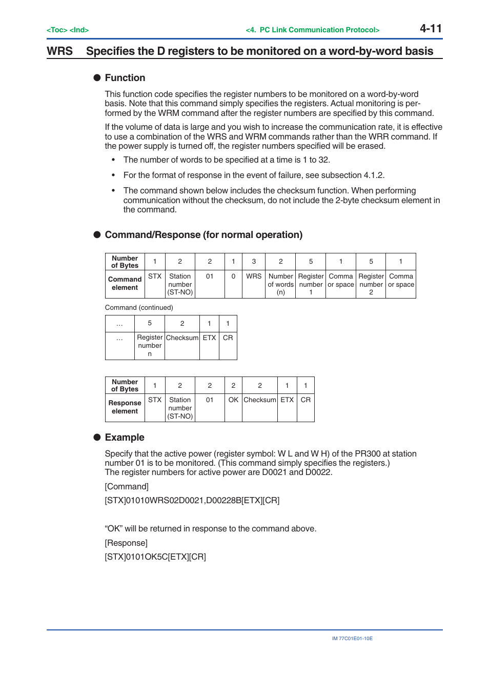 Function, Command/response (for normal operation), Example | Yokogawa PR300 Power and Energy Meter User Manual | Page 72 / 141