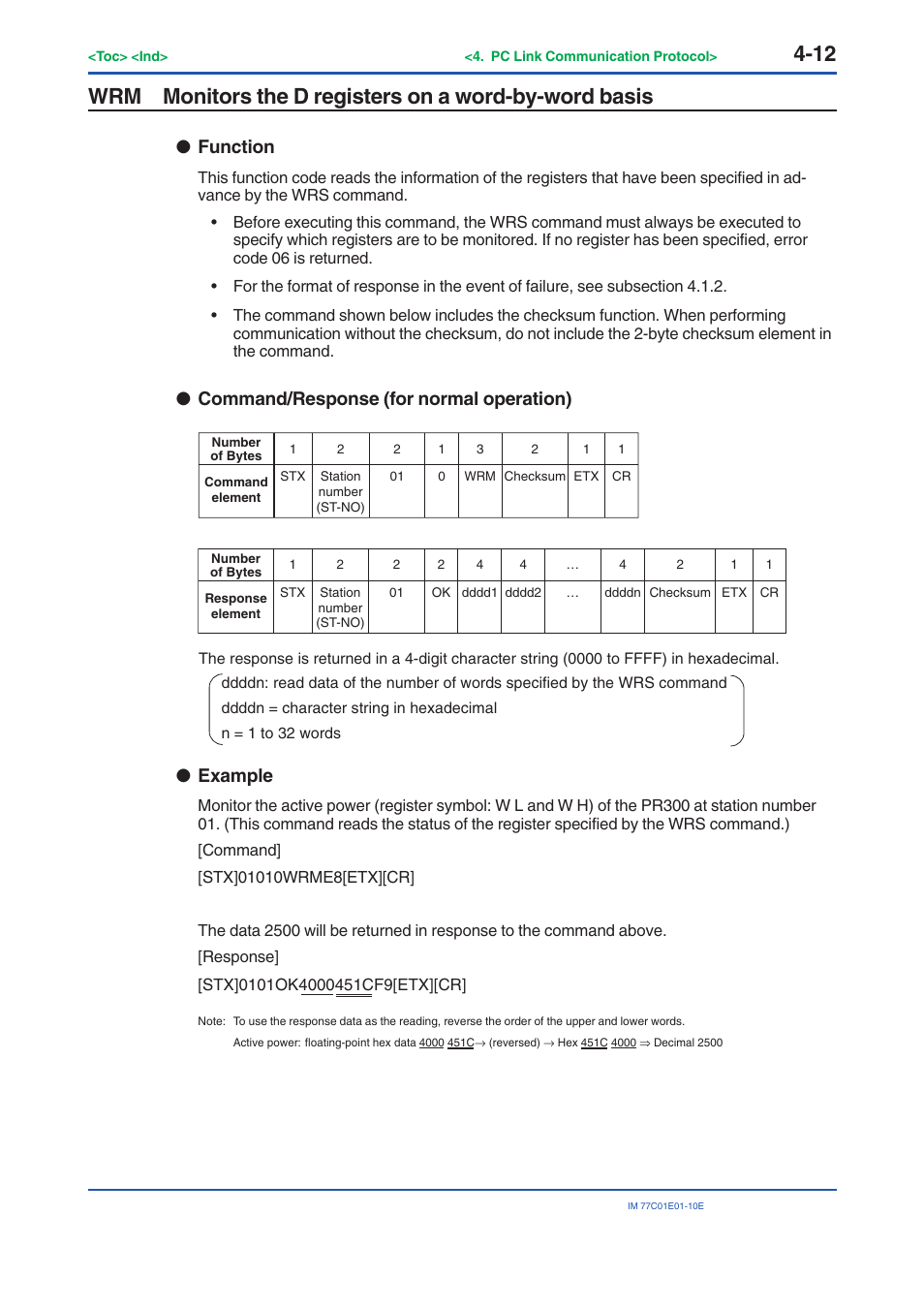 Function, Command/response (for normal operation), Example | Yokogawa PR300 Power and Energy Meter User Manual | Page 73 / 141