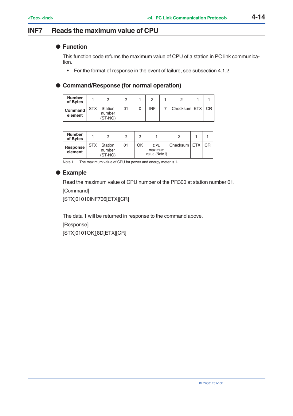 Inf7 reads the maximum value of cpu, Inf7, Reads the maximum value of cpu -14 | Function, Command/response (for normal operation), Example | Yokogawa PR300 Power and Energy Meter User Manual | Page 75 / 141