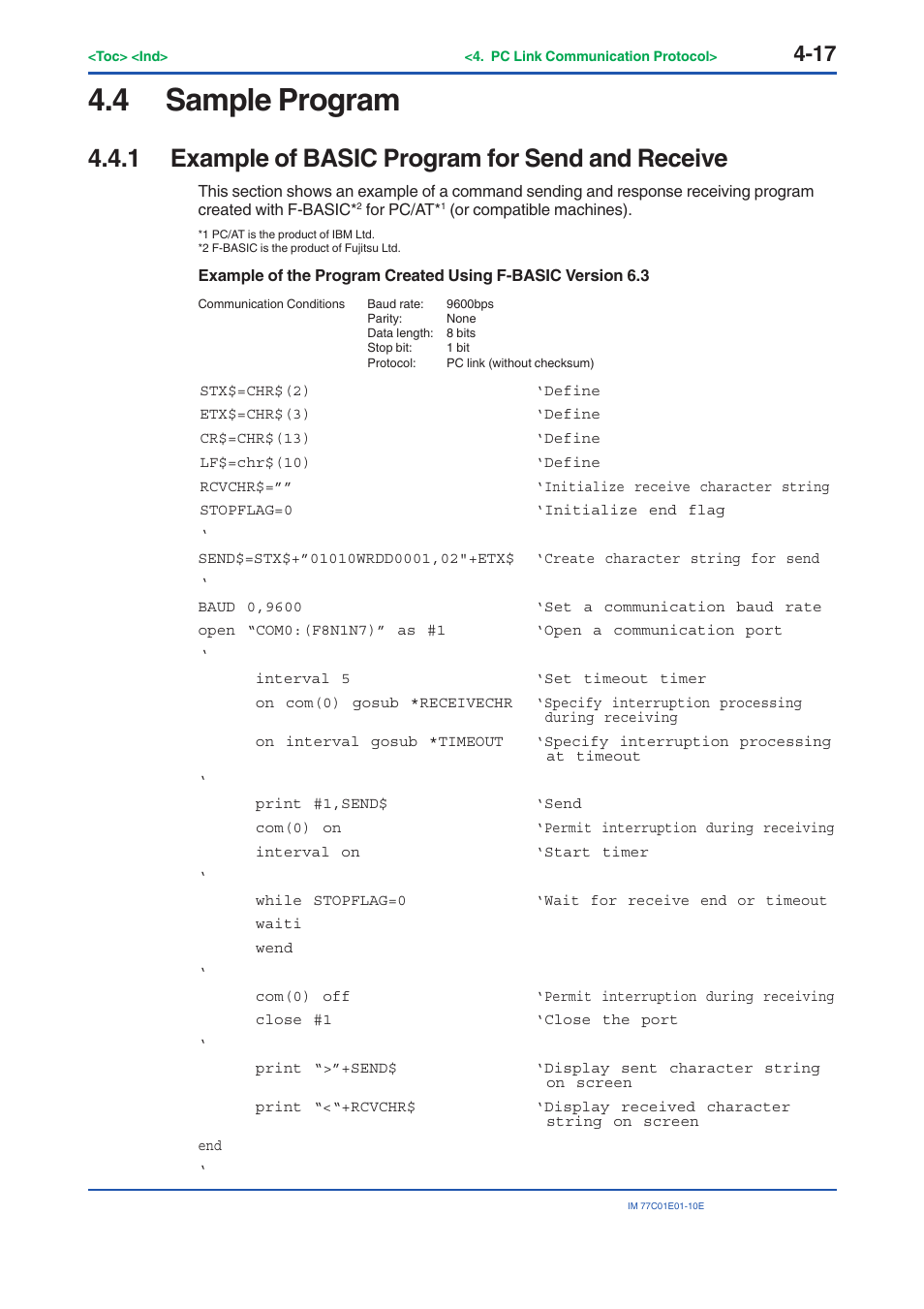 4 sample program, 1 example of basic program for send and receive, Sample program -17 4.4.1 | Example of basic program for send and receive -17 | Yokogawa PR300 Power and Energy Meter User Manual | Page 78 / 141