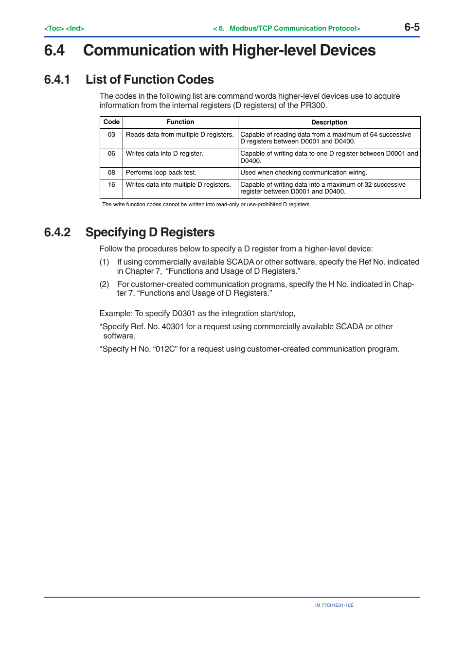 4 communication with higher-level devices, 1 list of function codes, 2 specifying d registers | Communication with higher-level devices -5, List of function codes -5, Specifying d registers -5 | Yokogawa PR300 Power and Energy Meter User Manual | Page 99 / 141