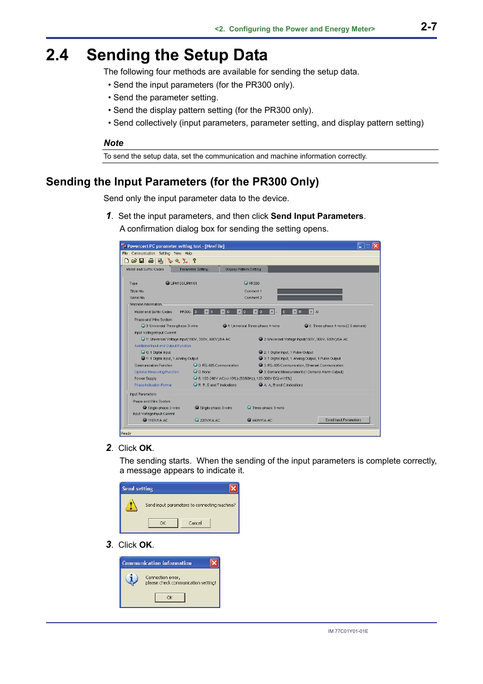 4 sending the setup data, Sending the setup data -7, Sending the input parameters (for the pr300 only) | Yokogawa PR300 Power and Energy Meter User Manual | Page 16 / 22