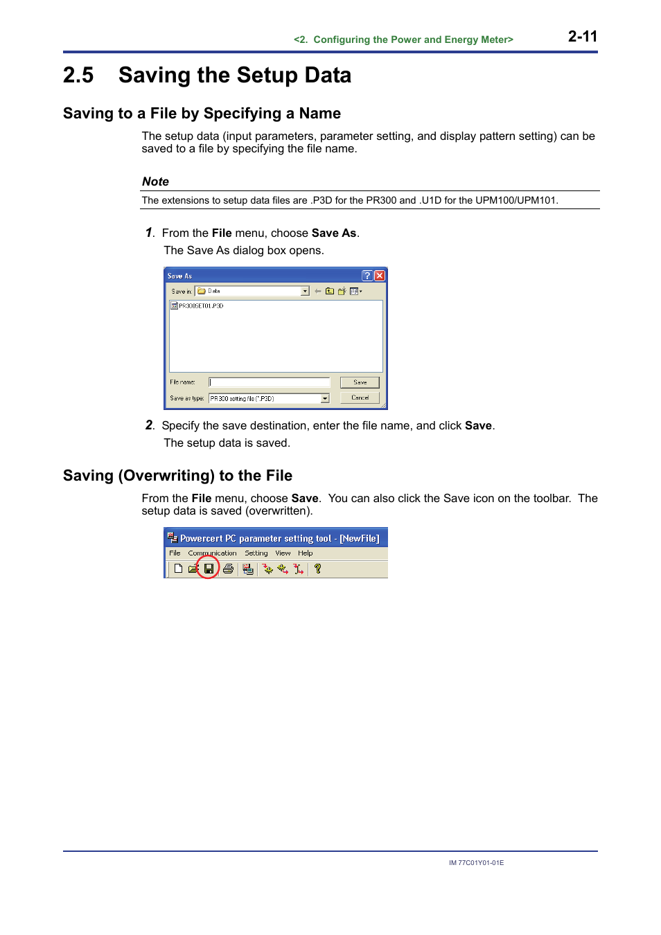 5 saving the setup data, Saving the setup data -11, Saving to a file by specifying a name | Saving (overwriting) to the file | Yokogawa PR300 Power and Energy Meter User Manual | Page 20 / 22