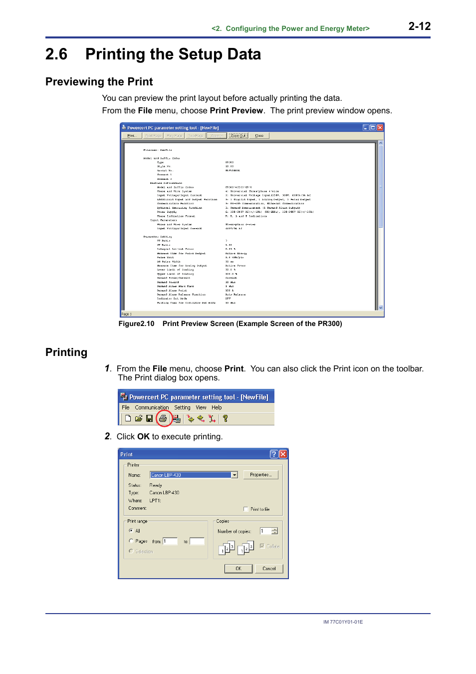 6 printing the setup data, Printing the setup data -12, Previewing the print | Printing | Yokogawa PR300 Power and Energy Meter User Manual | Page 21 / 22