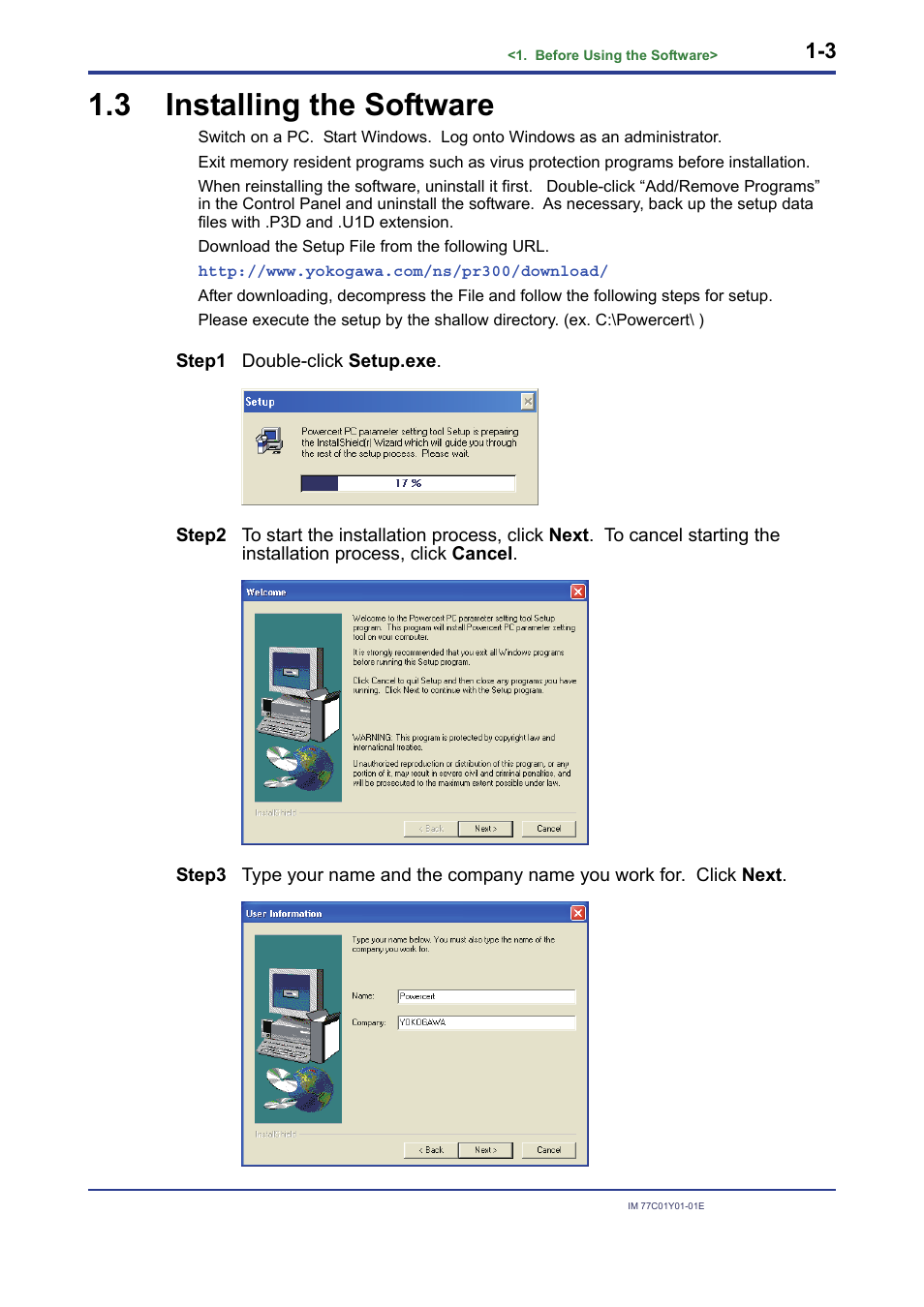 3 installing the software, 3 installing, Software -3 | Yokogawa PR300 Power and Energy Meter User Manual | Page 6 / 22