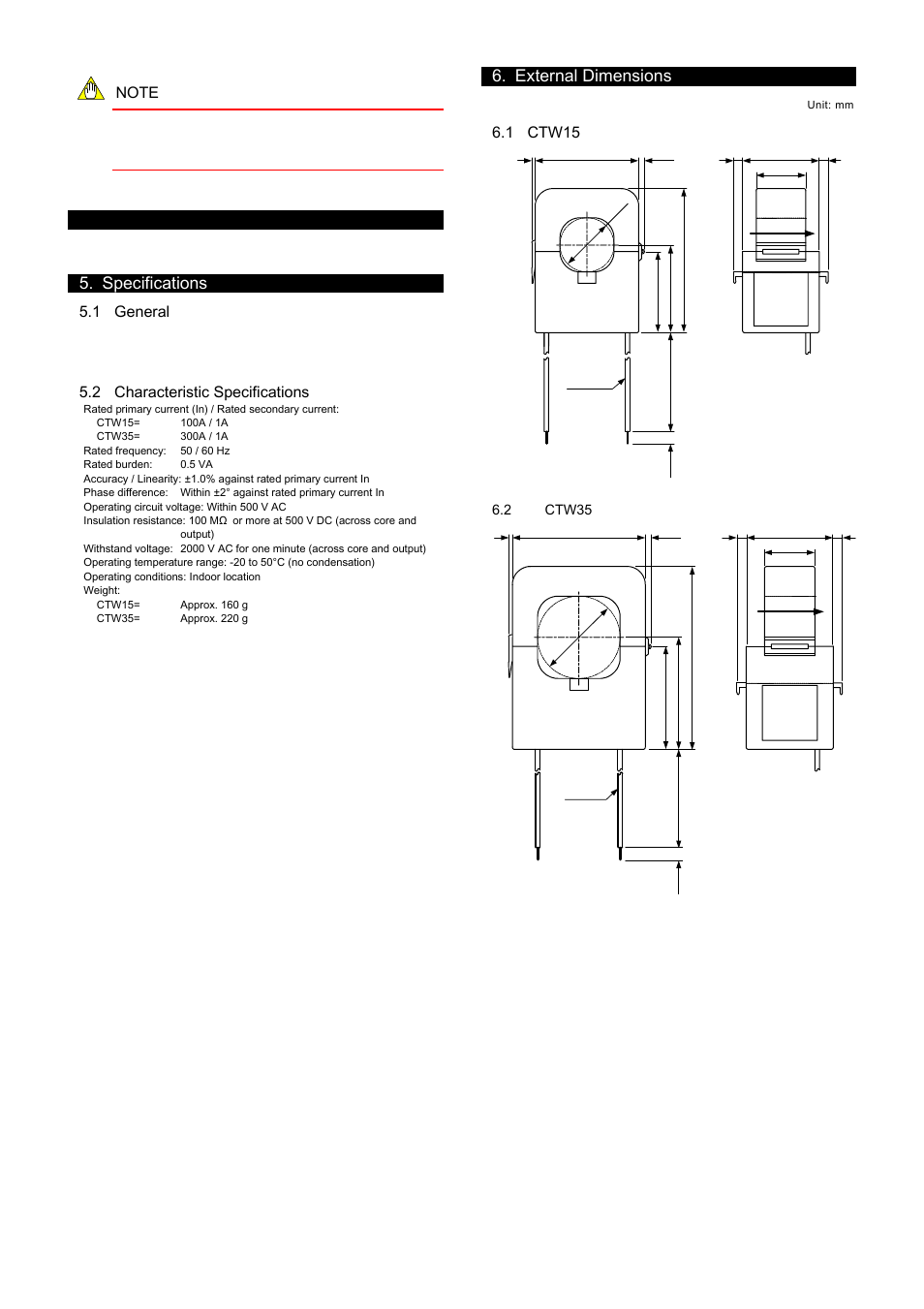 Disposal, Specifications, 1 general | 2 characteristic specifications, External dimensions, 1 ctw15, 2 ctw35 | Yokogawa CTW Current Transformers User Manual | Page 2 / 2