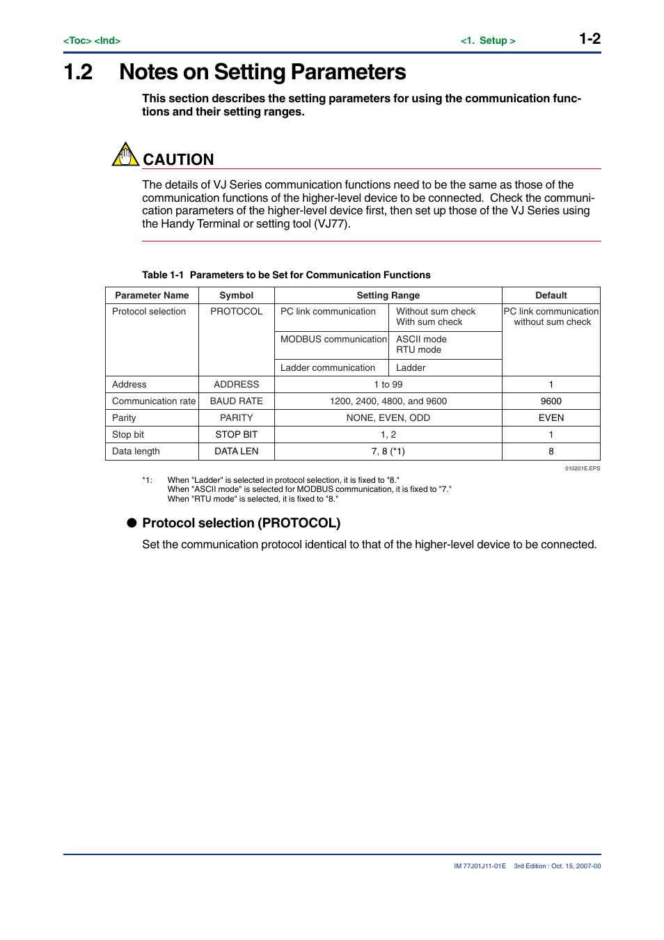 2 notes on setting parameters, Caution, Protocol selection (protocol) | Yokogawa JUXTA VJ Series Limit Alarms User Manual | Page 10 / 60