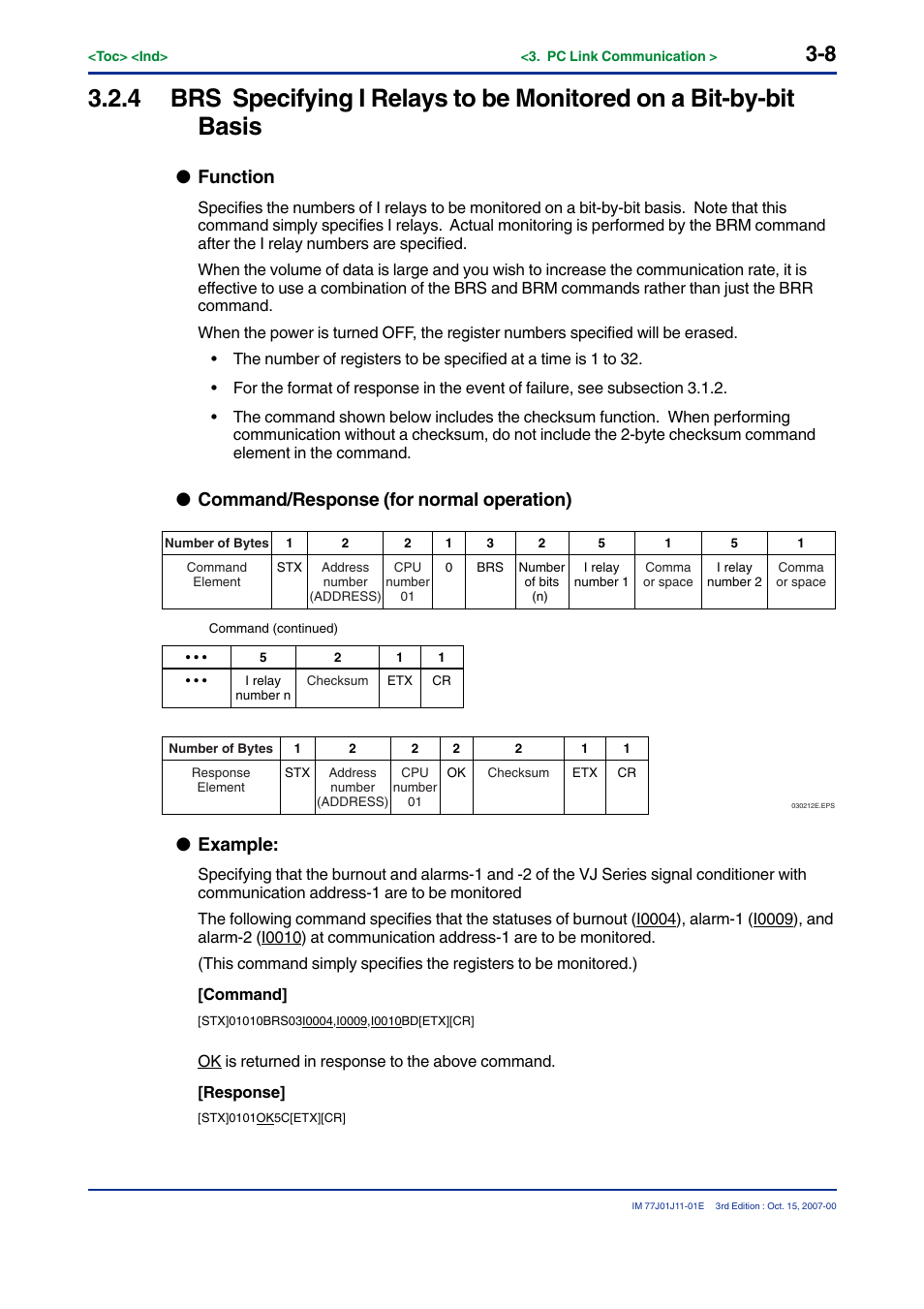 Function, Command/response (for normal operation), Example | Yokogawa JUXTA VJ Series Limit Alarms User Manual | Page 22 / 60