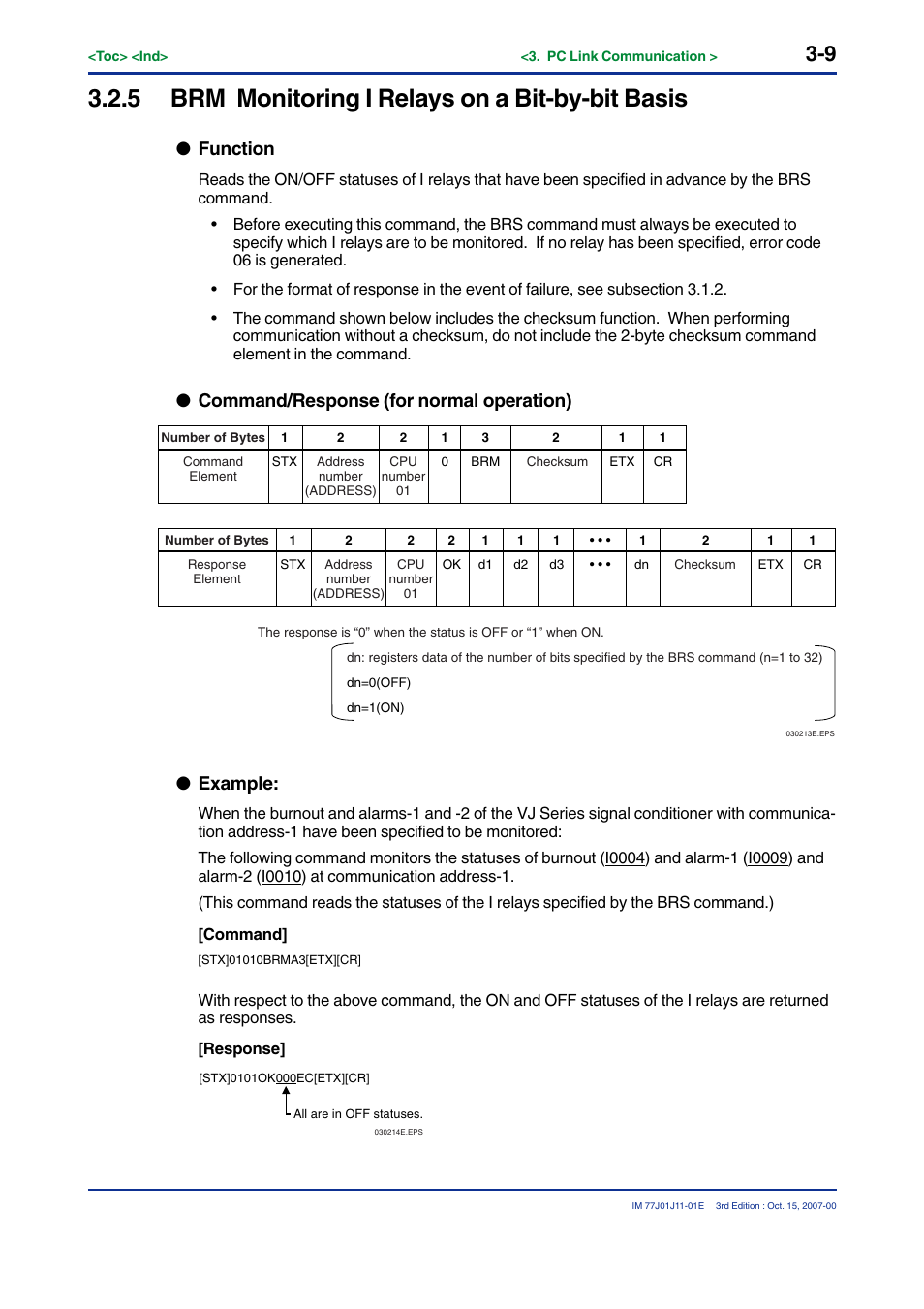 5 brm monitoring i relays on a bit-by-bit basis, Function, Command/response (for normal operation) | Example | Yokogawa JUXTA VJ Series Limit Alarms User Manual | Page 23 / 60