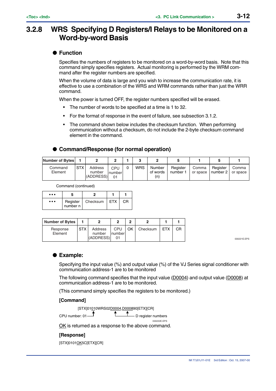 Function, Command/response (for normal operation), Example | Yokogawa JUXTA VJ Series Limit Alarms User Manual | Page 26 / 60