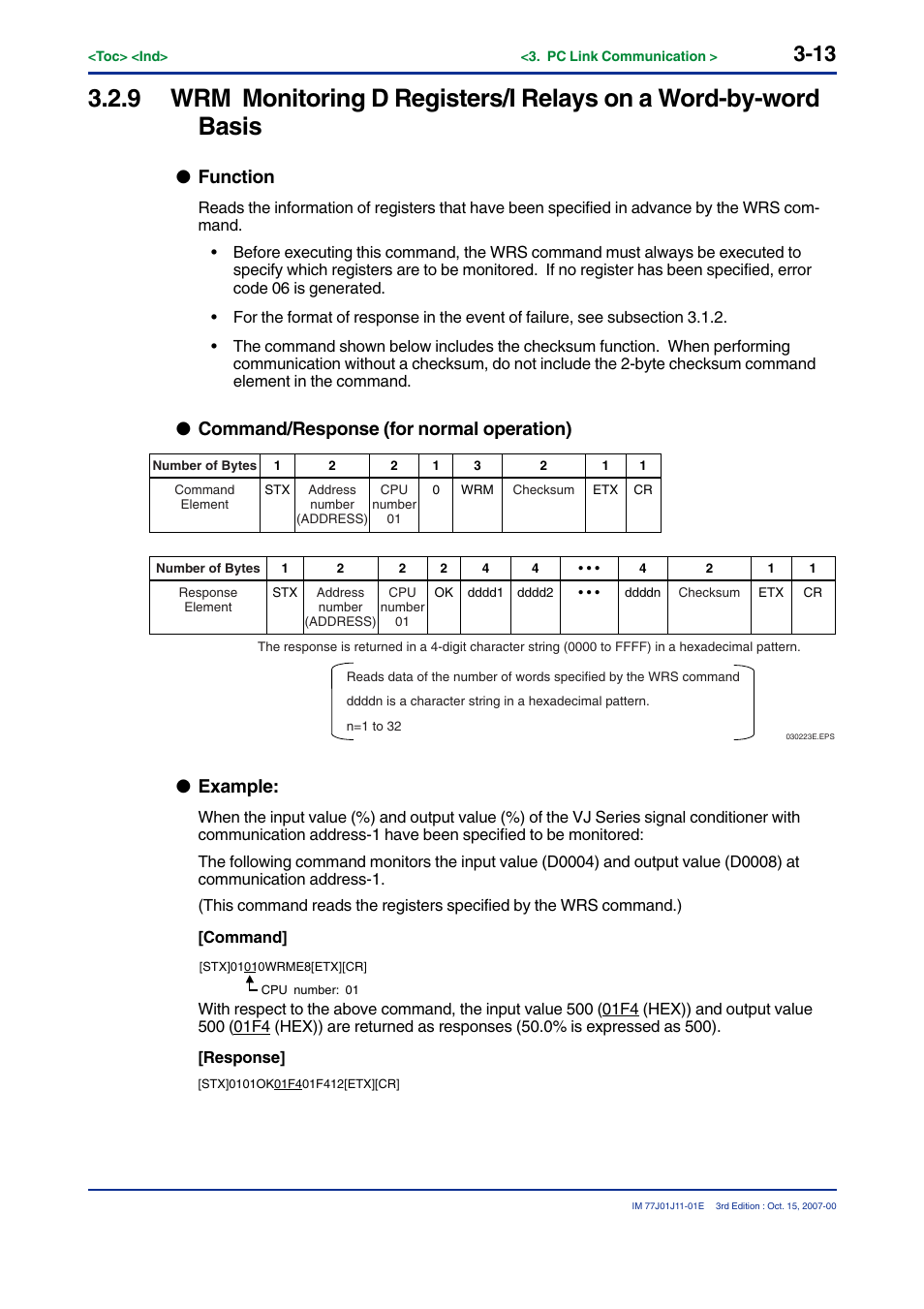 Function, Command/response (for normal operation), Example | Yokogawa JUXTA VJ Series Limit Alarms User Manual | Page 27 / 60