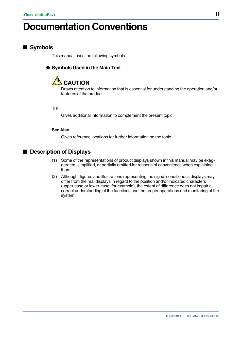 Documentation conventions, Symbols, Caution | Description of displays | Yokogawa JUXTA VJ Series Limit Alarms User Manual | Page 4 / 60