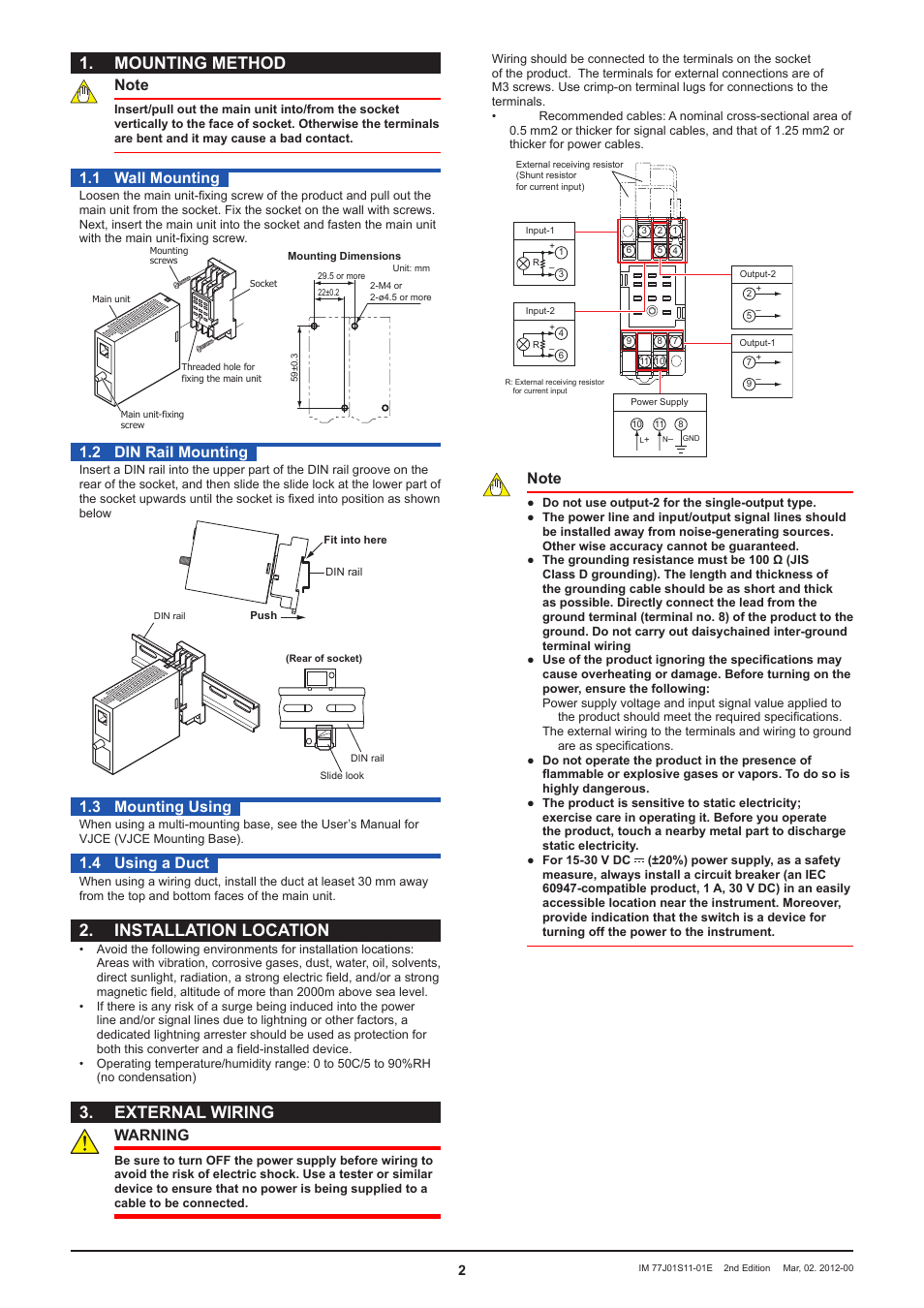 Mounting method, Installation location, External wiring | 1 wall mounting, 2 din rail mounting, 3 mounting using, 4 using a duct, Warning | Yokogawa JUXTA VJSS User Manual | Page 2 / 4