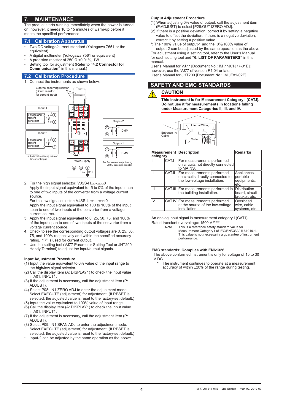 Maintenance, Safety and emc standards, 1 calibration apparatus | 2 calibration procedure, Caution | Yokogawa JUXTA VJSS User Manual | Page 4 / 4