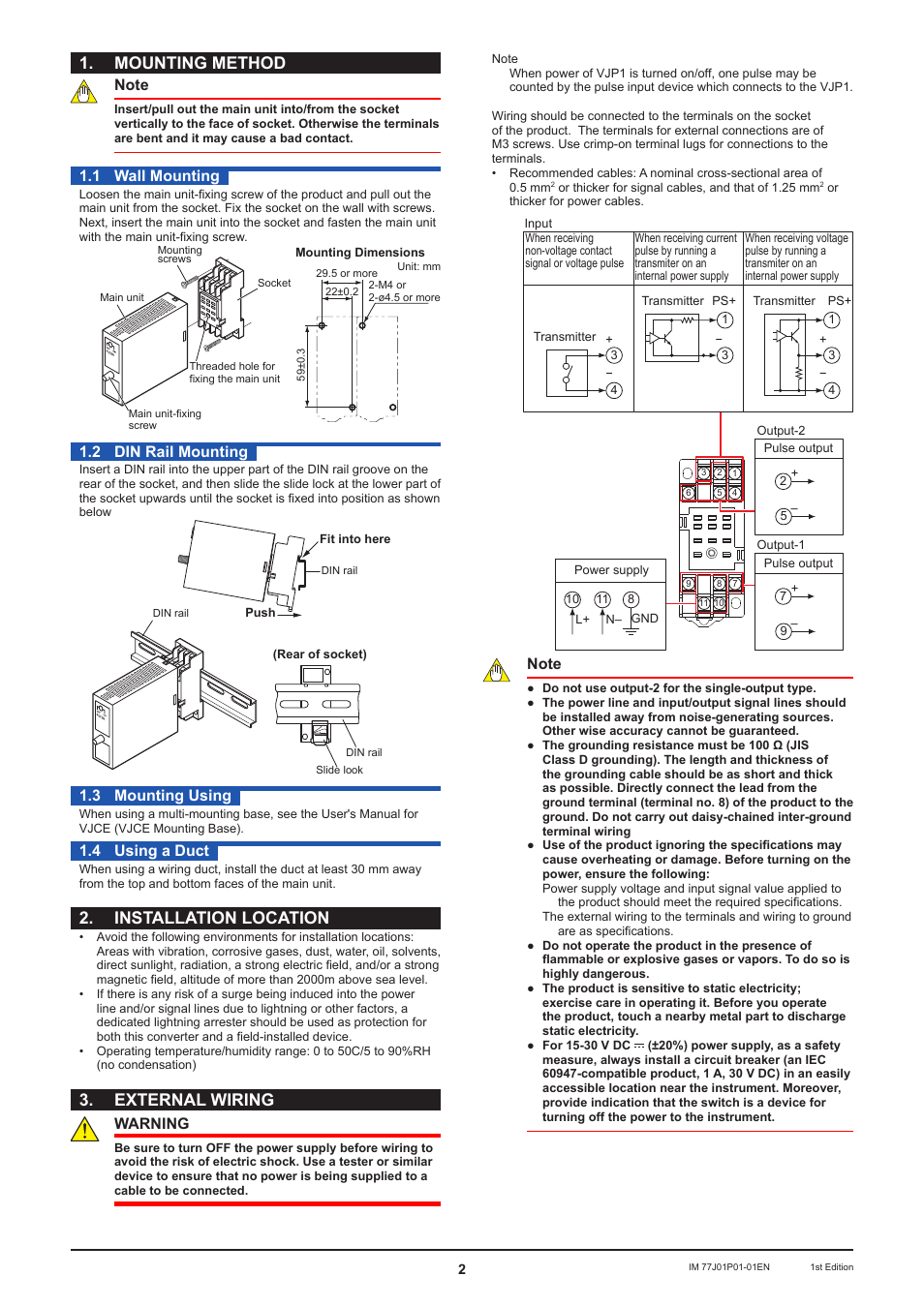 Mounting method, Installation location, External wiring | 1 wall mounting, 2 din rail mounting, 3 mounting using, 4 using a duct, Warning | Yokogawa JUXTA VJP1 User Manual | Page 2 / 4
