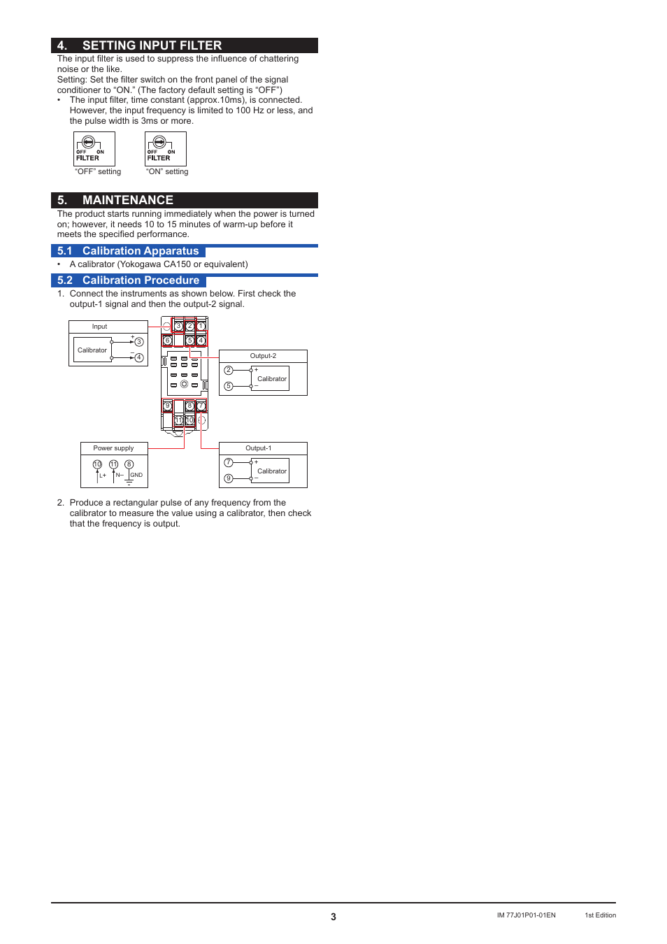 Setting input filter, Maintenance, 1 calibration apparatus | 2 calibration procedure | Yokogawa JUXTA VJP1 User Manual | Page 3 / 4