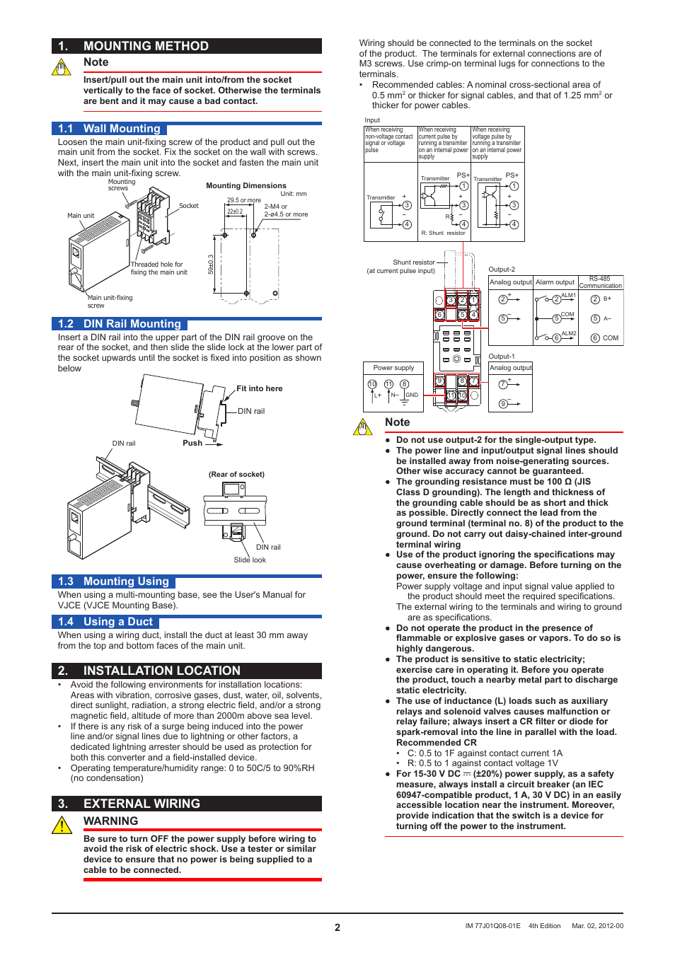 Mounting method, Installation location, External wiring | 1 wall mounting, 2 din rail mounting, 3 mounting using, 4 using a duct, Warning | Yokogawa JUXTA VJQ8 User Manual | Page 2 / 6