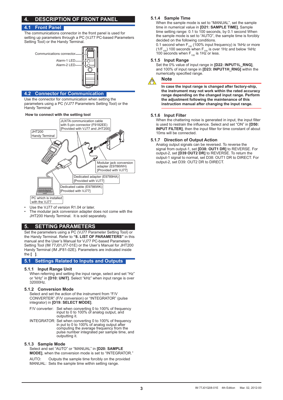 Description of front panel, Setting parameters, 1 front panel | 2 connector for communication, 1 settings related to inputs and outputs | Yokogawa JUXTA VJQ8 User Manual | Page 3 / 6