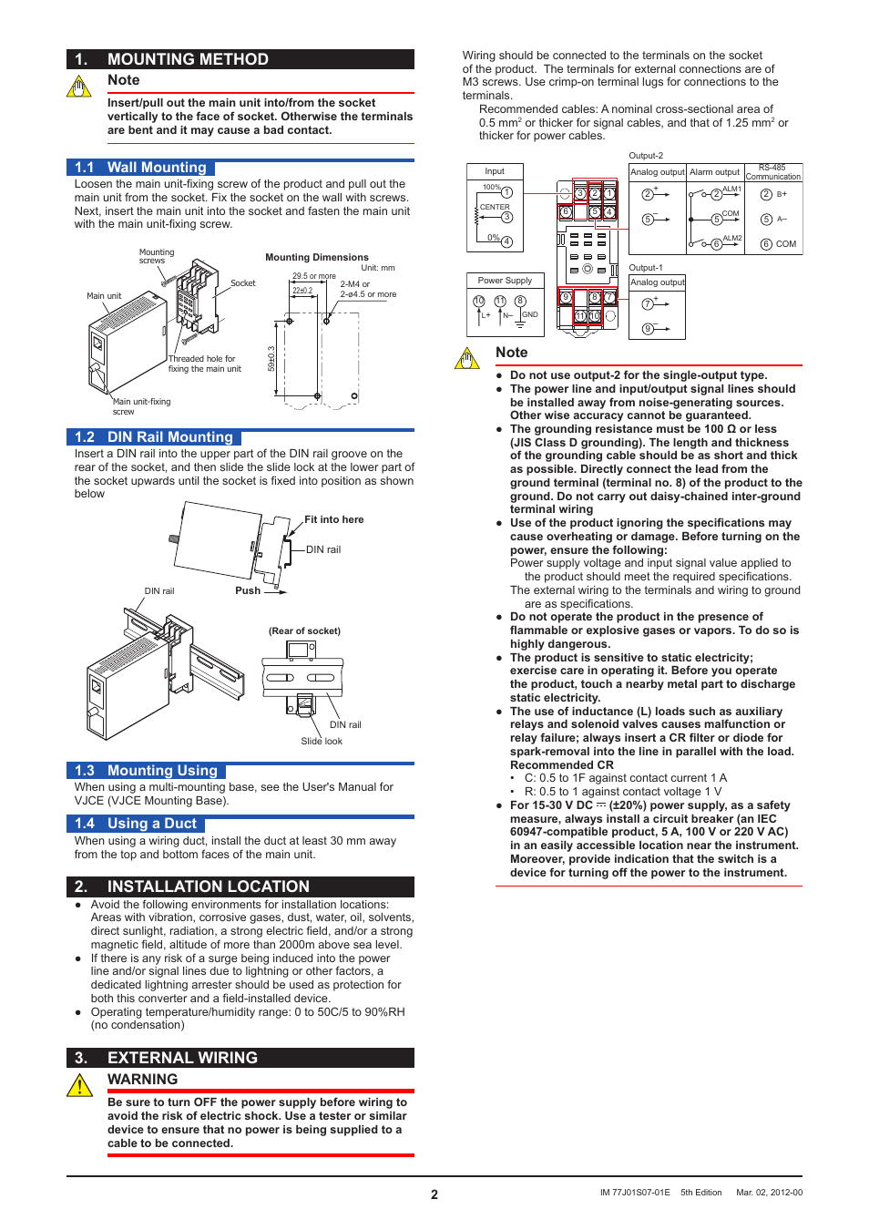 Mounting method, Installation location, External wiring | 1 wall mounting, 2 din rail mounting, 3 mounting using, 4 using a duct, Warning | Yokogawa JUXTA VJS7 User Manual | Page 2 / 6