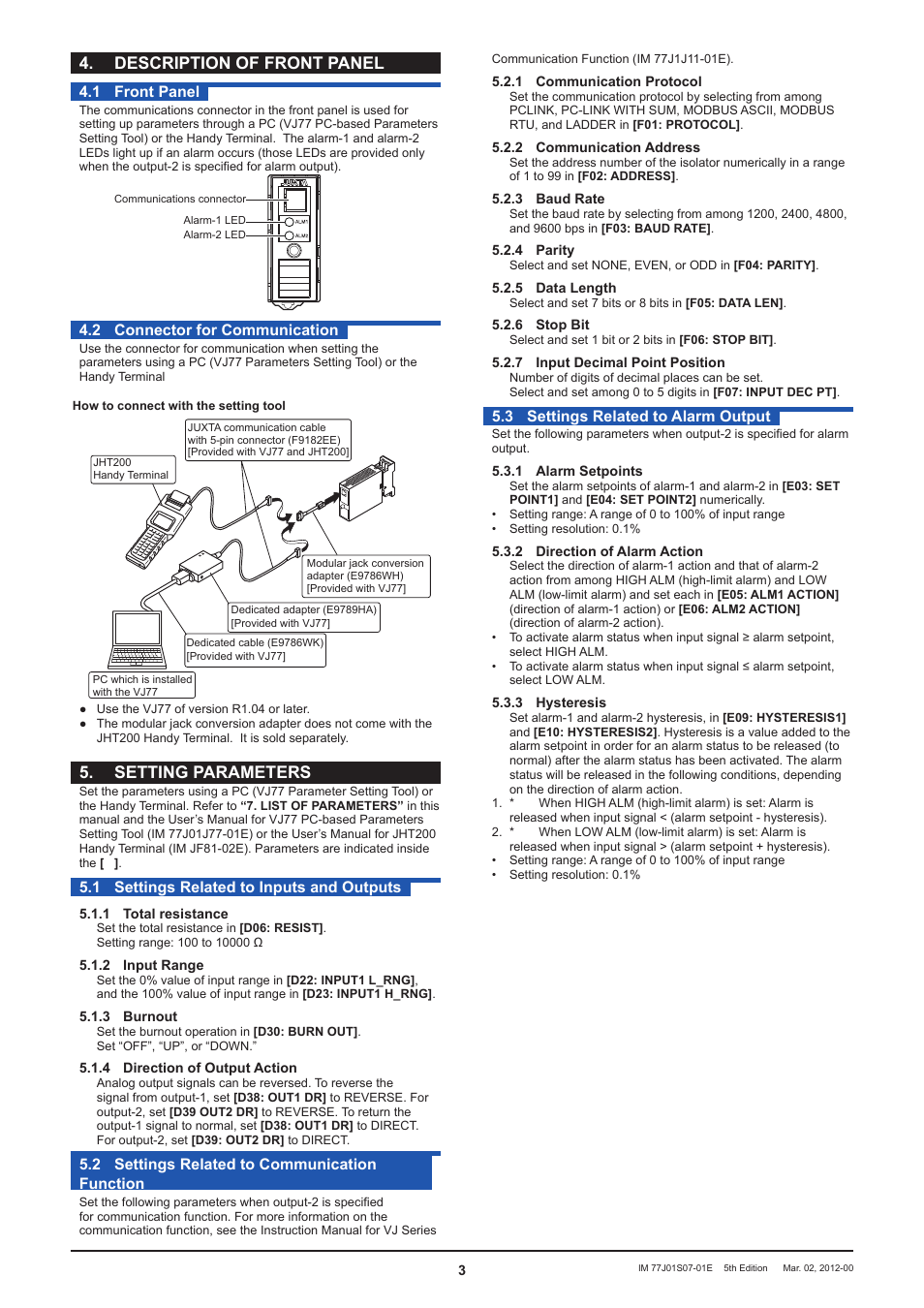 Description of front panel, Setting parameters, 1 front panel | 2 connector for communication, 1 settings related to inputs and outputs, 2 settings related to communication function, 3 settings related to alarm output | Yokogawa JUXTA VJS7 User Manual | Page 3 / 6