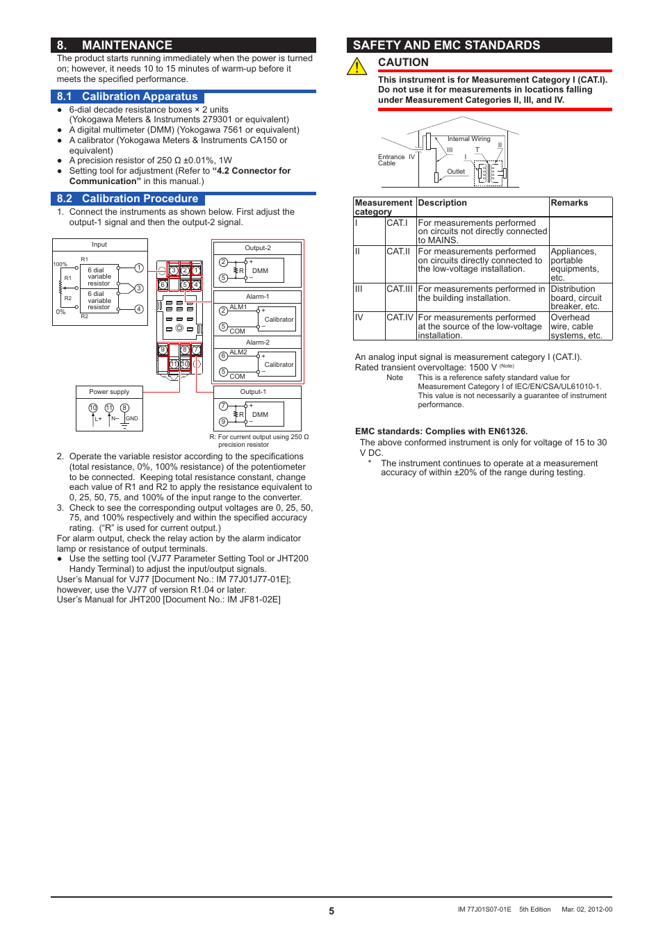 Maintenance, Safety and emc standards, 1 calibration apparatus | 2 calibration procedure, Caution | Yokogawa JUXTA VJS7 User Manual | Page 5 / 6