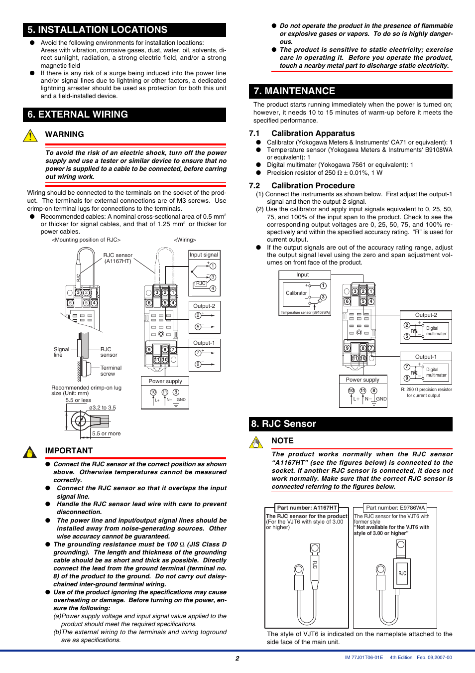 Installation locations, External wiring, Maintenance | Rjc sensor, Warning, Important, 1 calibration apparatus, 2 calibration procedure | Yokogawa JUXTA VJT6 User Manual | Page 2 / 2