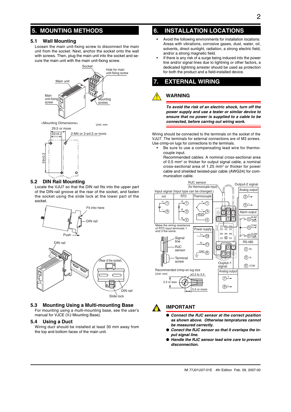 Mounting methods, Installation locations, External wiring | 1 wall mounting, 2 din rail mounting, 3 mounting using a multi-mounting base, 4 using a duct, Warning, Important | Yokogawa JUXTA VJU7 User Manual | Page 2 / 8