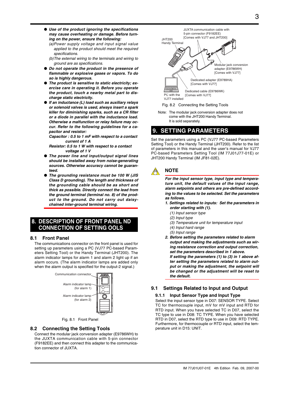 Setting parameters, 1 front panel, 2 connecting the setting tools | 1 settings related to input and output | Yokogawa JUXTA VJU7 User Manual | Page 3 / 8