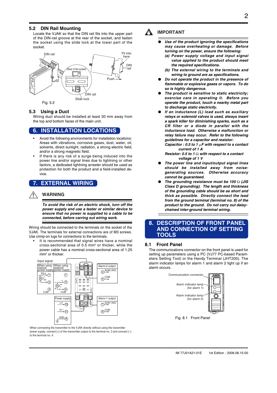 Installation locations, External wiring, 2 din rail mounting | 3 using a duct, 1 front panel, Warning, Important | Yokogawa JUXTA VJAK User Manual | Page 2 / 6