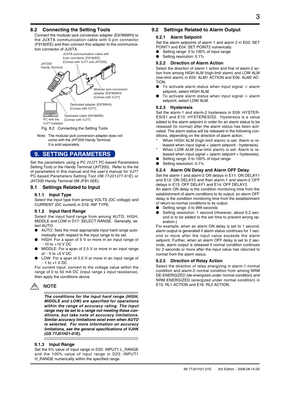Setting parameters, 2 connecting the setting tools, 1 settings related to input | 2 settings related to alarm output | Yokogawa JUXTA VJHK User Manual | Page 3 / 6