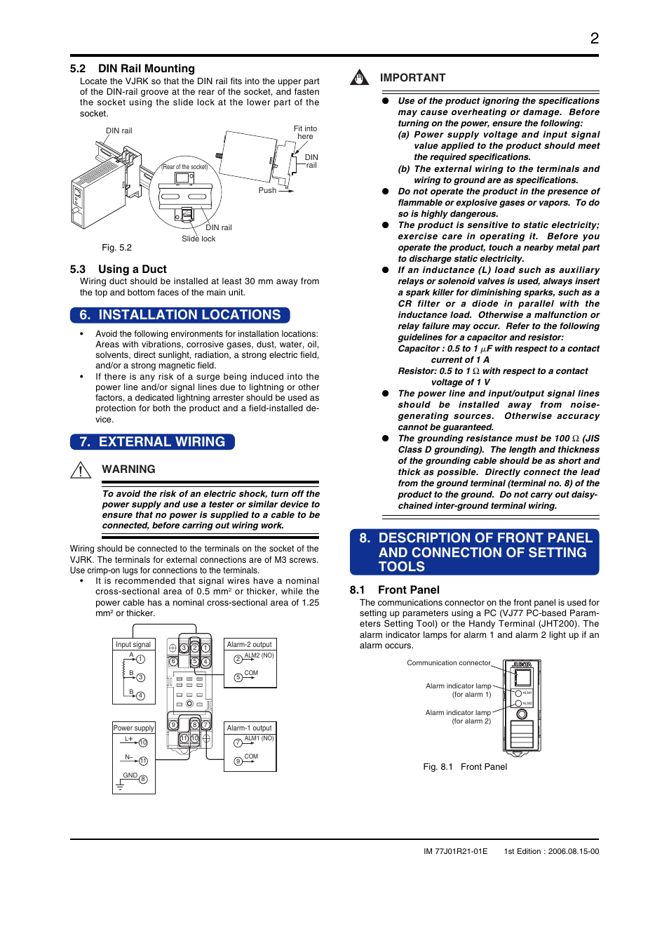Installation locations, External wiring, 2 din rail mounting | 3 using a duct, 1 front panel, Warning, Important | Yokogawa JUXTA VJRK User Manual | Page 2 / 6