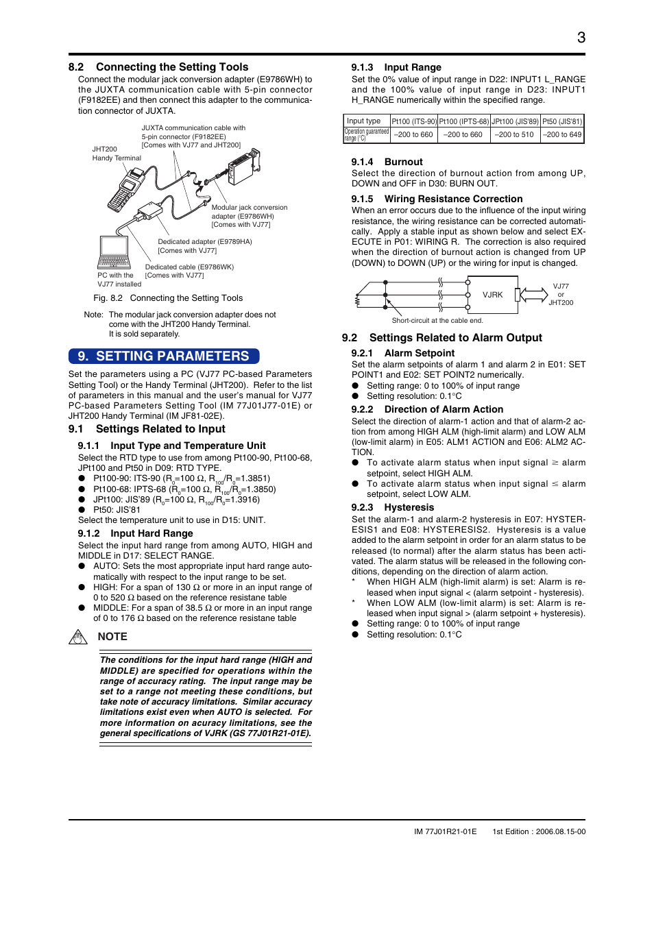 Setting parameters, 2 connecting the setting tools, 1 settings related to input | 2 settings related to alarm output | Yokogawa JUXTA VJRK User Manual | Page 3 / 6